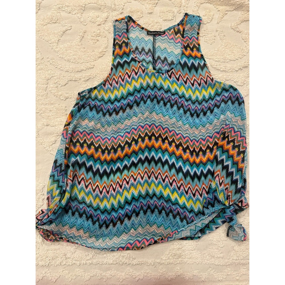 Madison Paige Multicolor Herringbone Sleeveless Sheer Top Popover Colorful Large